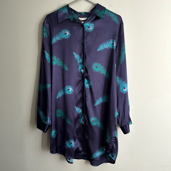 Valerie Stevens Satin Sleep Shirt L Peacock Feather Print Button-Front Nightgown - Picture 1 of 7